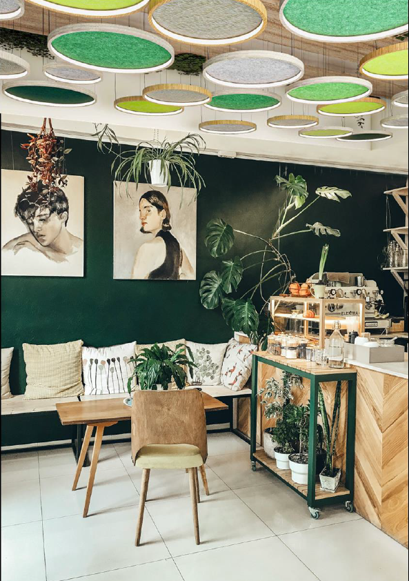 Agencement espace café tertiaire — plafond acoustique