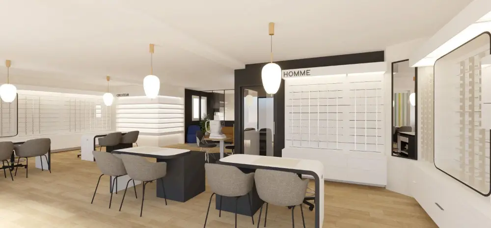 Agencement magasin Optic 2000 — comptoir opticien sur mesure