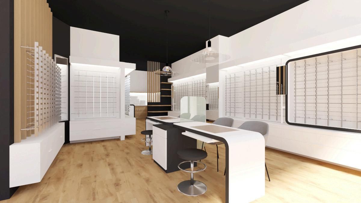 Agencement magasin d'optique — espace de vente et comptoir